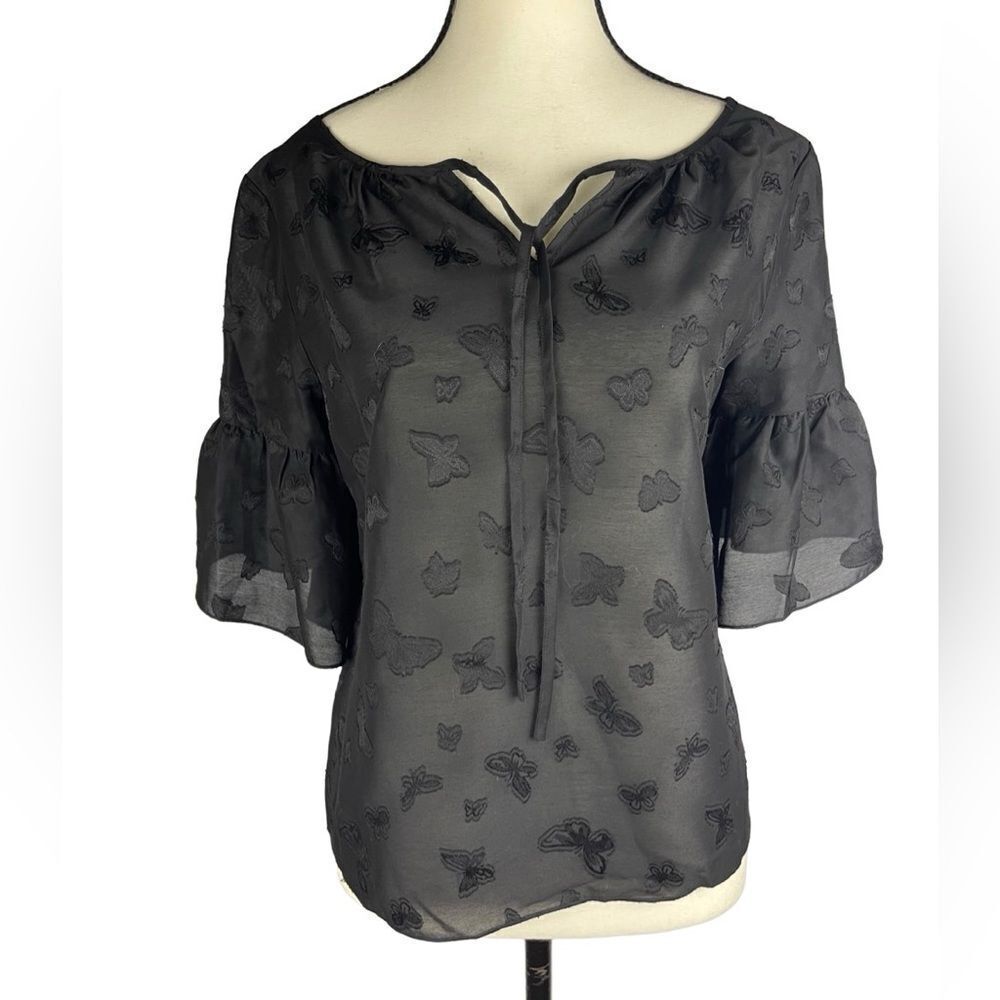 Madewell Black Butterfly Jacquard Tie Neck Ruffle‎ Bell Sleeve Blouse XS S001